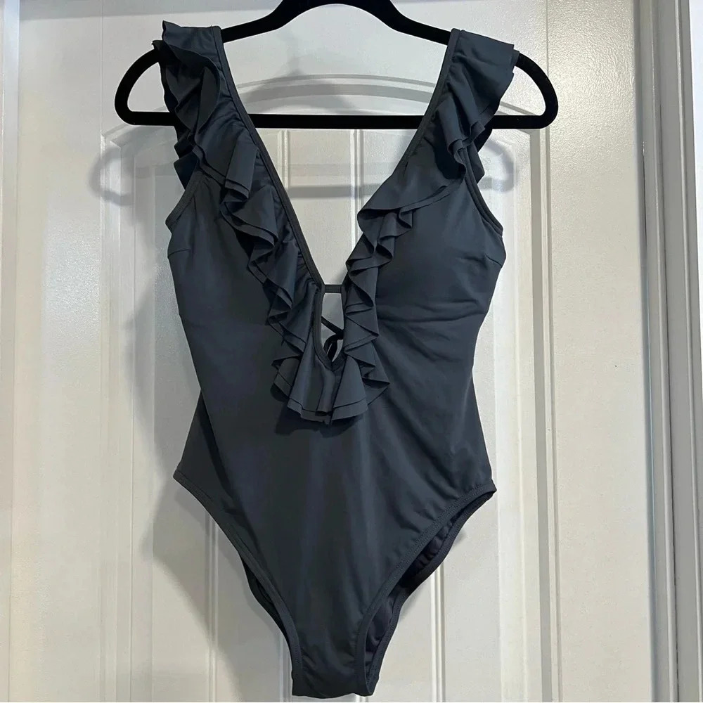 MICHAEL Michael Kors Slate Gray Ruffled Scoop-Back One-Piece Swimsuit. Size 8. - Picture 2 of 16